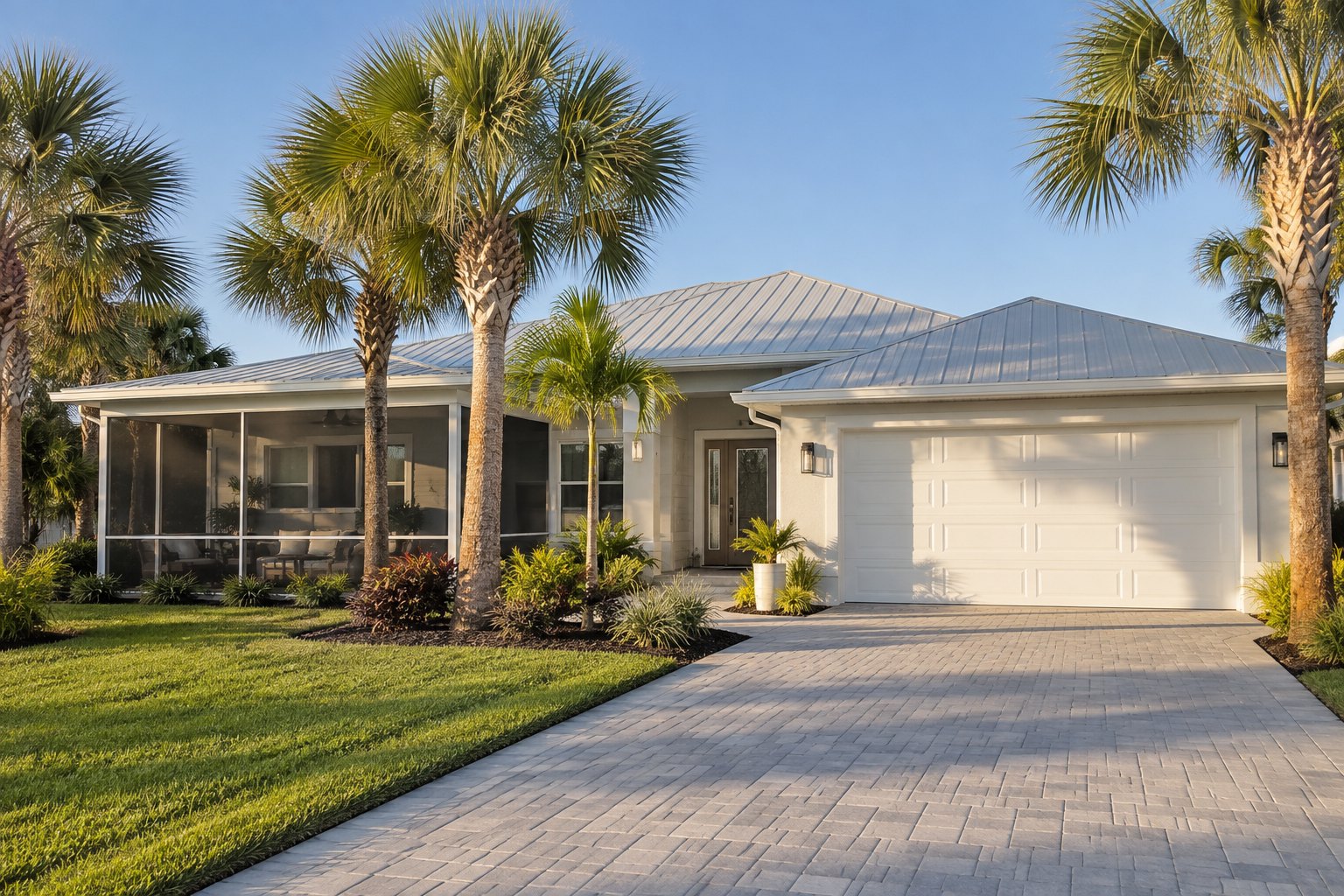 A Florida coastal home with a screened lanai and palms, illustrative