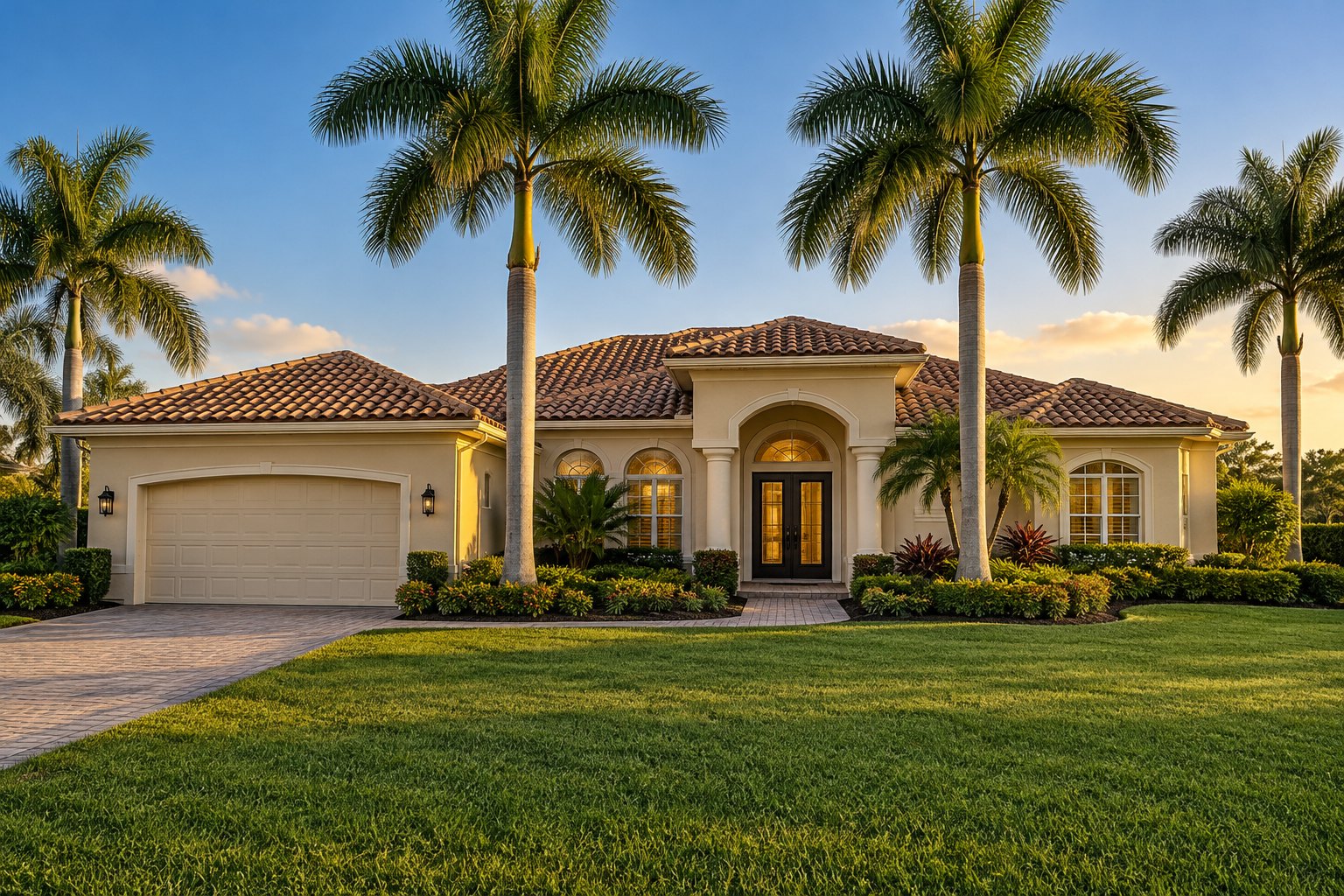 A Florida coastal home with a tile roof and palms, illustrative
