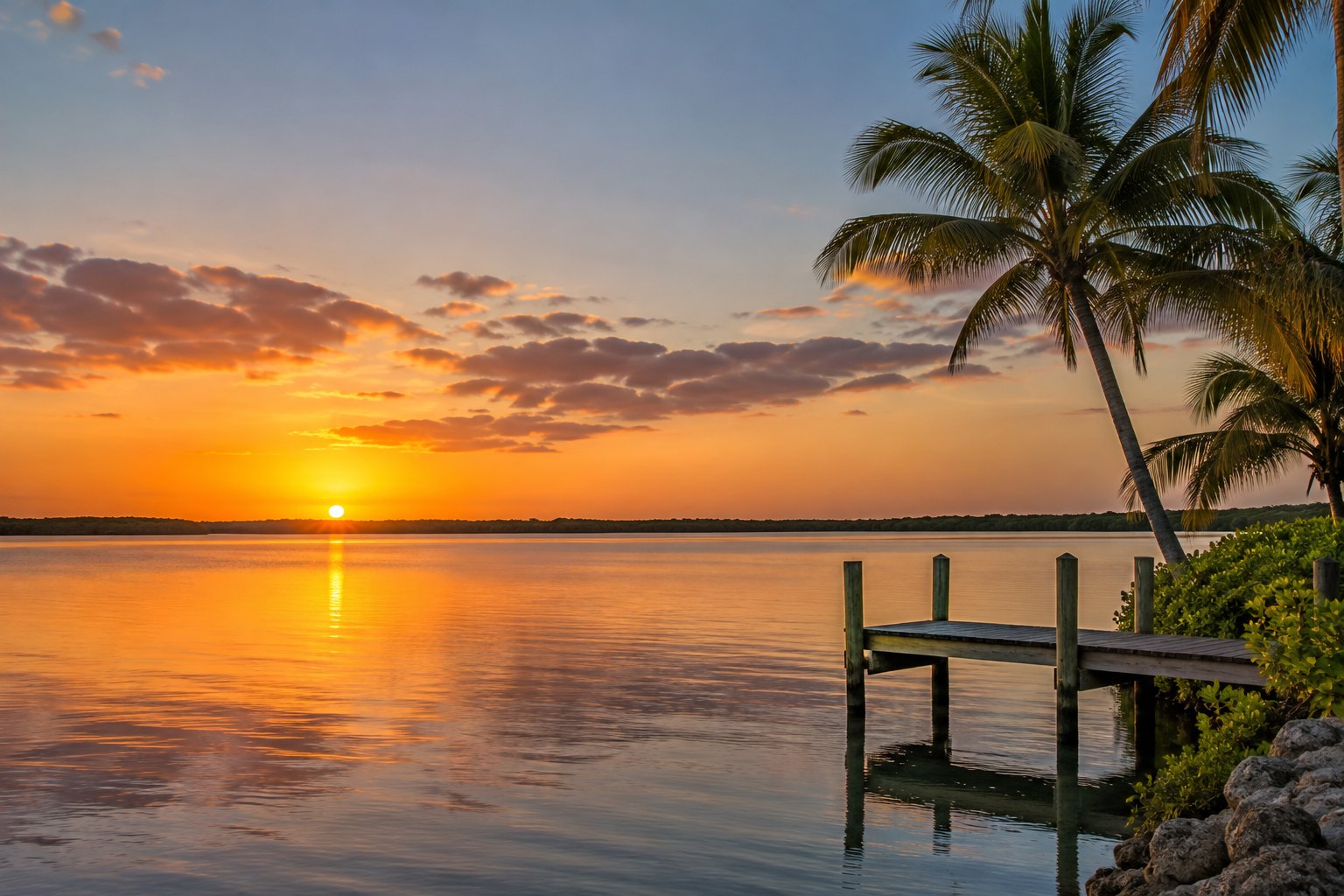 A Florida lagoon at sunset with a dock and palms, illustrative