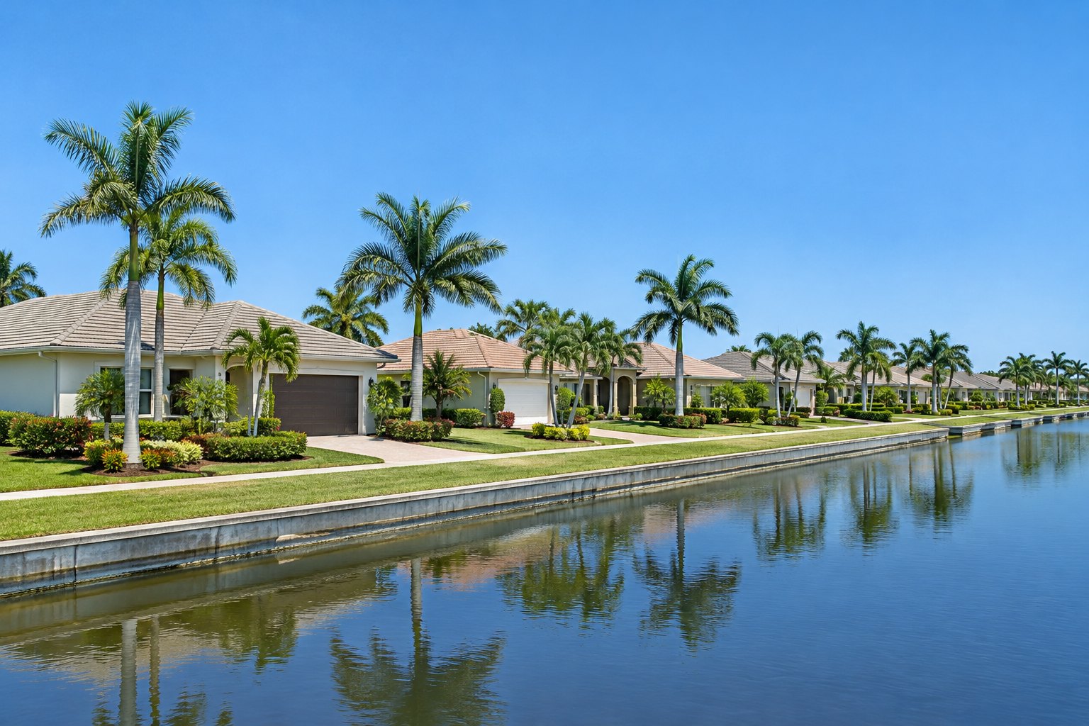 Homes along a canal lined Florida street, illustrative