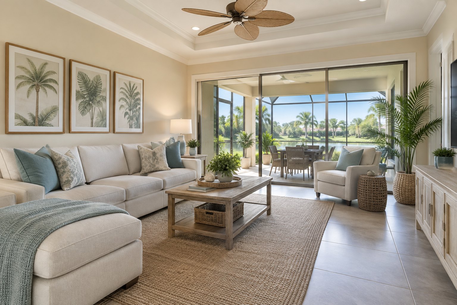 A cozy sunlit family room in a Florida home, illustrative
